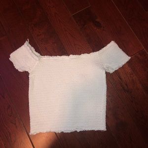 smocked white off the shoulder top